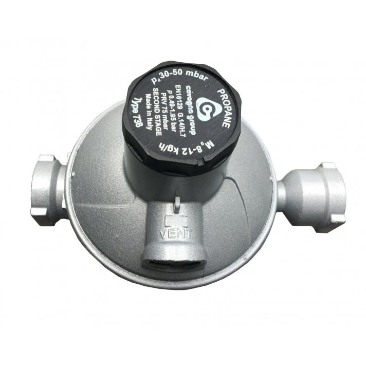 Eentraps drukregelaar 30-50 mbar, debiet 34 kg/u, 1/4" binnendraad x 3/8" binnendraad