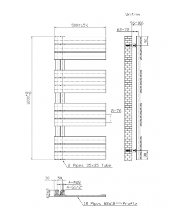 1200x500 – 593 Watt | handdoekradiator zwart | links aansluiting/comb