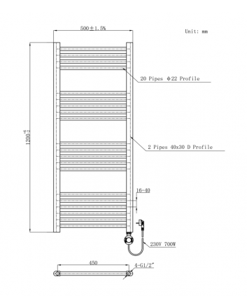 1200x500 – 700 Watt | elektrische handdoekradiator zwart