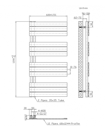 1200x600 – 681 Watt | handdoekradiator zwart | links aansluiting/comb