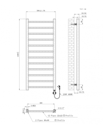 1200x500 – 413 Watt | elektrische handdoekradiator zwart