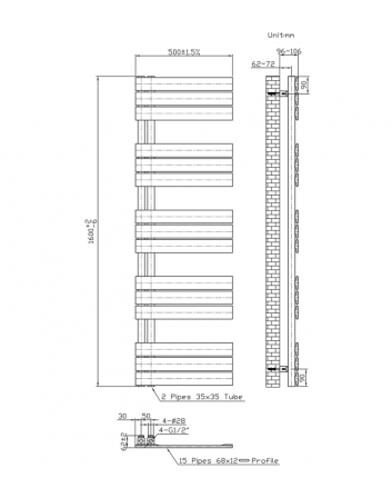 1600x500 – 755 Watt | handdoekradiator zwart | links aansluiting/comb