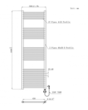 1600x500 – 1000 Watt | elektrische handdoekradiator wit