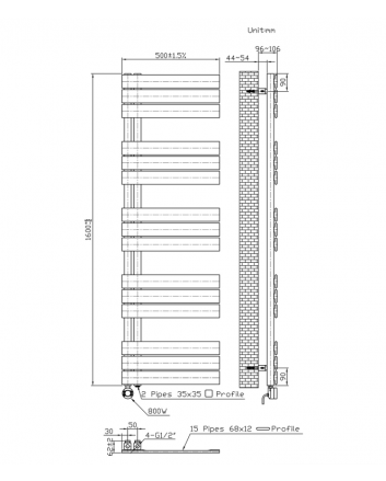 1600x500 – 755 Watt | elektrische handdoekradiator wit | links aansluiting/comb