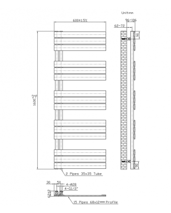 1600x600 – 864 Watt | handdoekradiator zwart | links aansluiting/comb