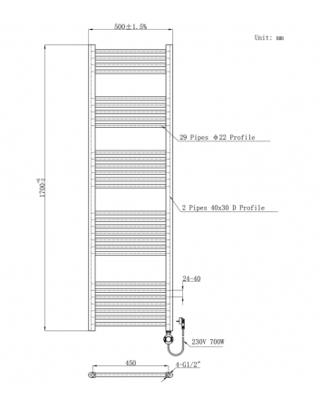 1700x500 – 985 Watt | elektrische handdoekradiator wit