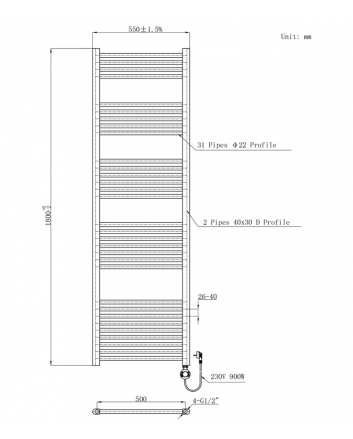 1800x550 – 900 Watt | elektrische handdoekradiator mat zwart