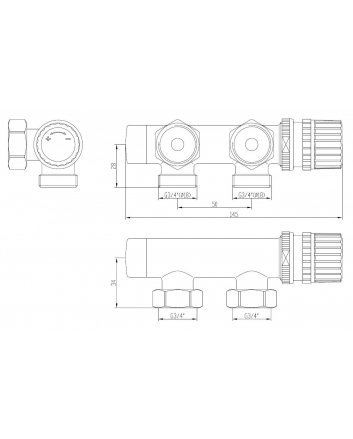 Thermostatisch onderblok 3/4", haaks-links, mat zwart