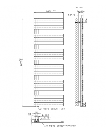 1800x600 – 1021 Watt | handdoekradiator zwart | links aansluiting/comb