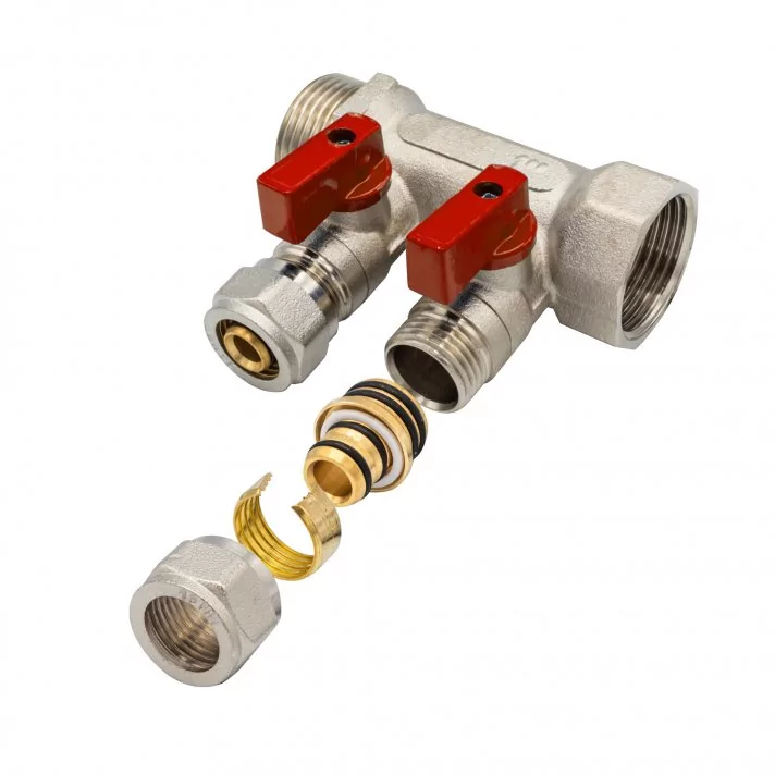 Verdeler met bolkraan mv-1" 2x16 rood