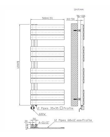 1200x500 – 593 Watt | elektrische handdoekradiator wit | links aansluiting/comb