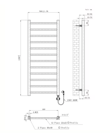 1200x500 – 413 Watt | elektrische handdoekradiator wit