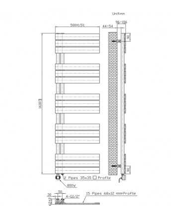 1600x500 – 755 Watt | elektrische handdoekradiator wit | links aansluiting/comb