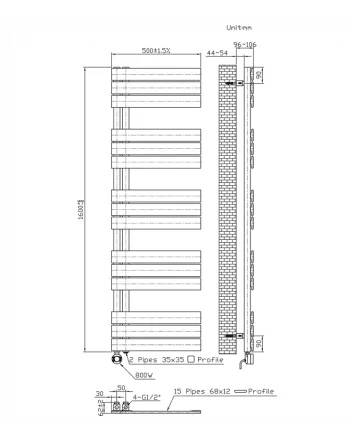1600x500 – 755 Watt | elektrische handdoekradiator wit | links aansluiting/comb