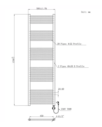 1700x500 – 985 Watt | elektrische handdoekradiator wit