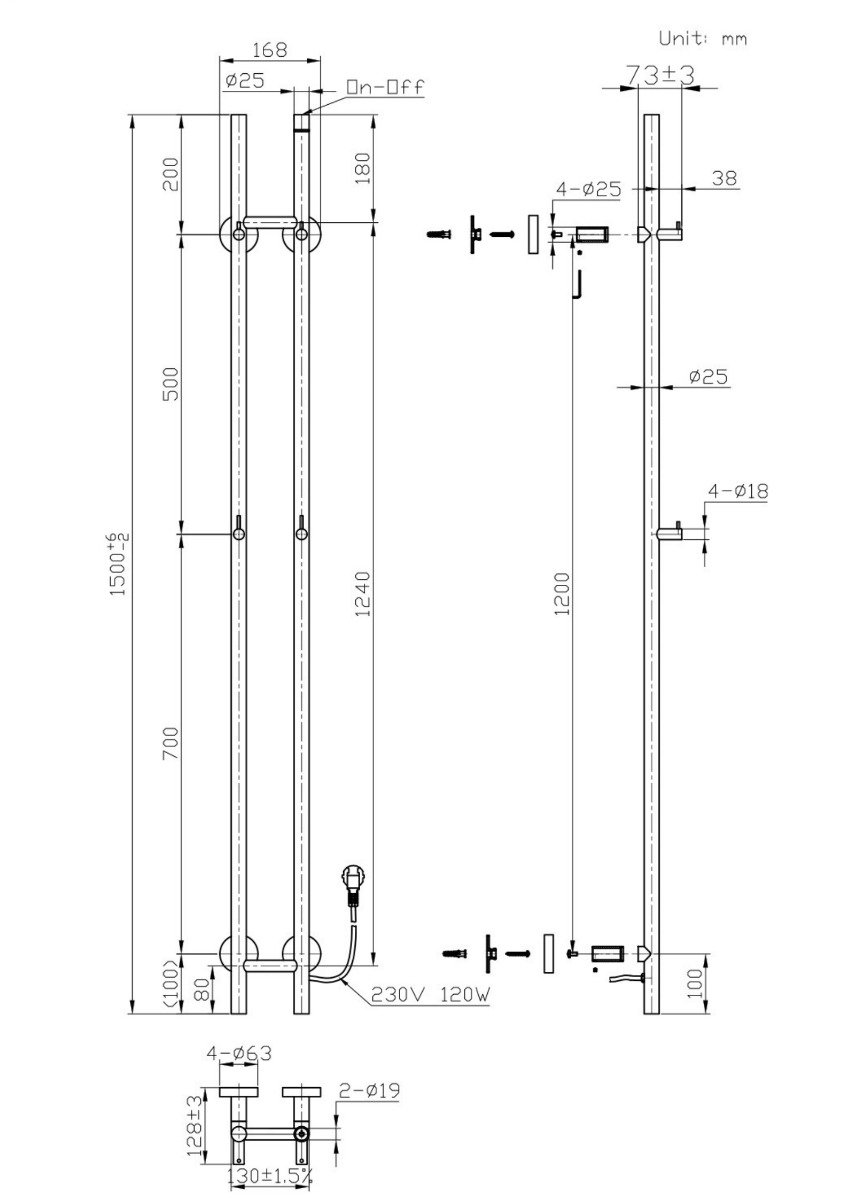 Dubbele Radiator 1500x168 Koper Dubbele Staafradiator 120W Elektrisch | RadiatorKopen