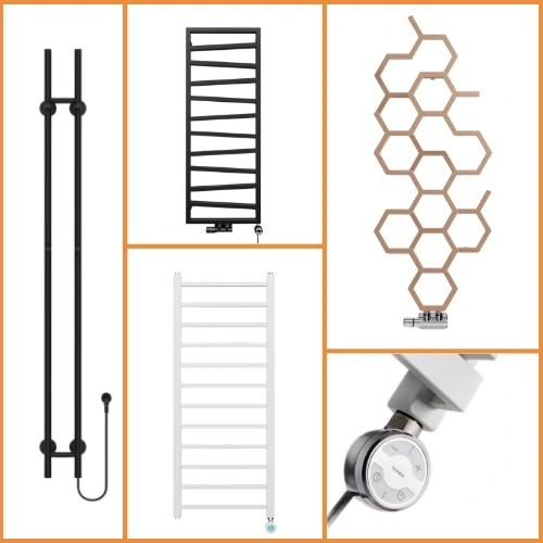 Badkamer radiator types vergeleken: handdoekradiator, design radiator badkamer, elektrische badkamerradiator en verticale designradiator naast elkaar - vier opties voor radiator badkamer