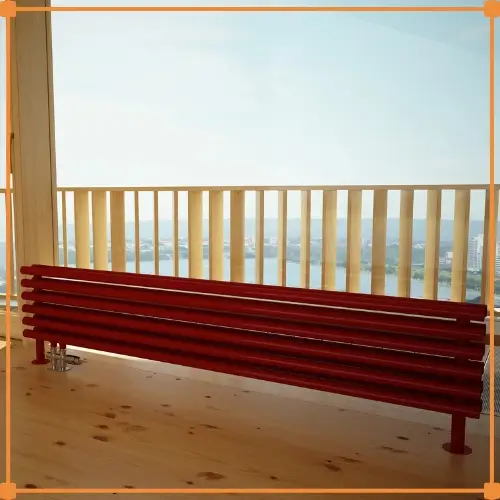 Design radiator woonkamer horizontaal onder raam - brede designradiator als blikvanger in moderne woonkamer met strakke vormgeving