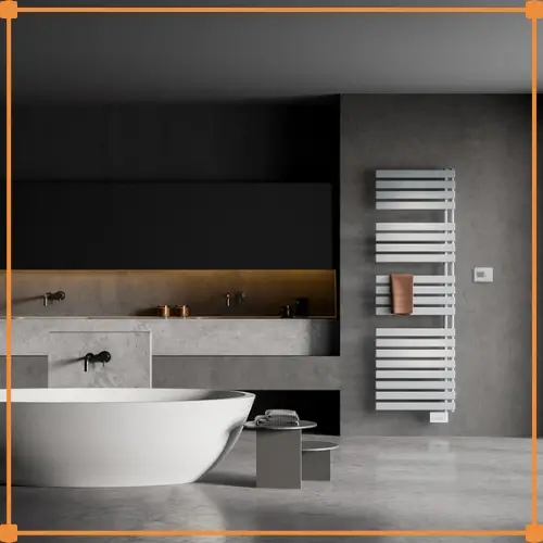 Elektrische radiator in moderne badkamer - verwarmt zonder cv-aansluiting via het stopcontact, spatwaterbestendig en geschikt voor de vochtige badkameromgeving
