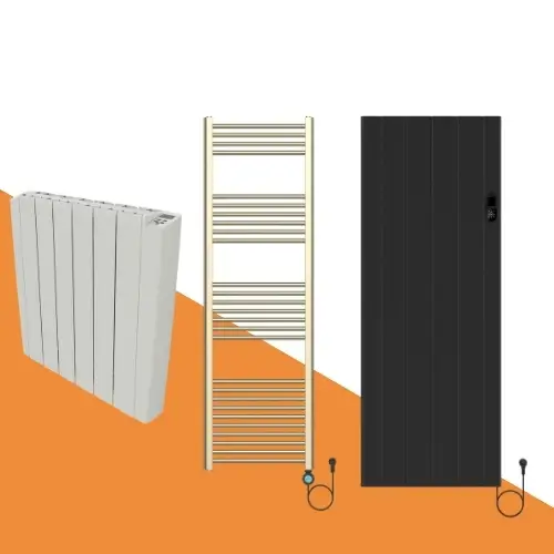 Drie soorten elektrische radiatoren naast elkaar - horizontaal paneel, verticaal model en badkamer handdoekradiator in verschillende kleuren