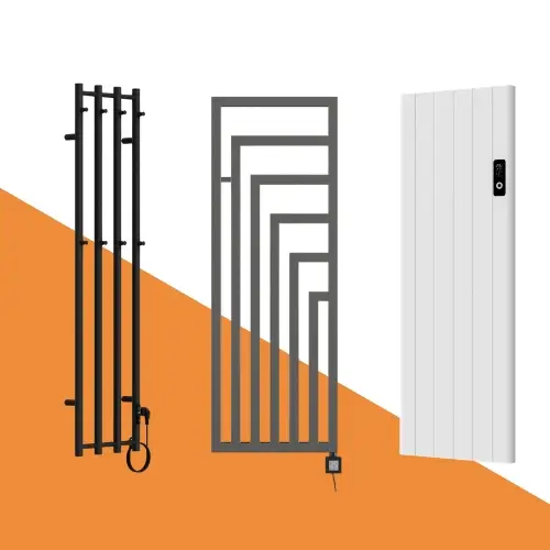 Verschillende elektrische verticale radiatoren - vlak E-Plate paneel met WIFI, Alex E en City E smart designradiatoren in mat wit, mat zwart en antraciet