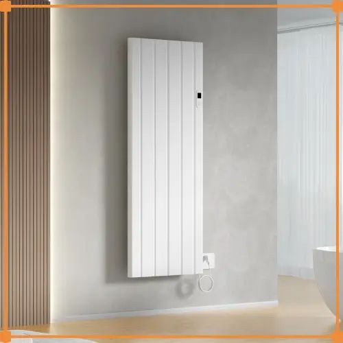 Elektrische verticale radiator met WIFI in modern interieur - hoge smalle vorm op een smalle wand, verwarmt zonder cv-aansluiting via het stopcontact