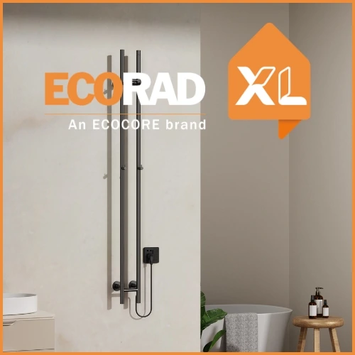 Gunmetal handdoekradiator als alternatief voor antraciet: moderne badkamer met geborsteld staal PVD-coating in donkere gunmetal-tint, sterke optie voor wie naar antraciet handdoekradiator zocht