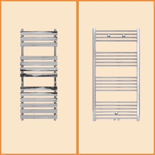 Handdoekradiator chroom modellen: 10 maten van 80x40 cm tot 160x60 cm, klassieke laddervorm met spijlen, EcoRad Universal-6 aansluitsysteem, glanzende galvanische verchroming