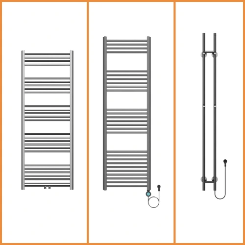 Gunmetal handdoekradiator modellen: EcoRad cv ladder Universal-6, Sticky staafmodel Dryheating en EcoRad E-Smart WiFi programmeerbare elektrische uitvoering