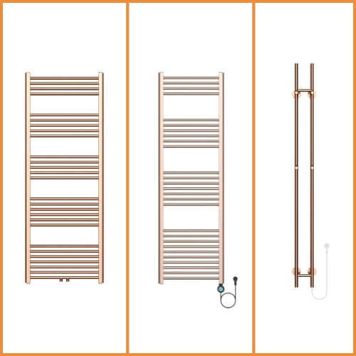 Koperen handdoekradiator modellen: EcoRad geborsteld koper met PVD-coating in cv-ladder, Sticky-staaf elektrisch en E-Smart WiFi, plus Wiesbaden Elara premium geborsteld brons koper
