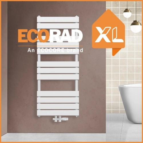 Lamellen handdoekradiator modellen: EcoRad Florence en EcoRad Slide design-uitvoeringen met vlakke voorzijde in wit en mat zwart, moderne strakke alternatieven voor klassieke spijlen-radiator
