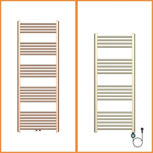 Spijlen-handdoekradiator modellen: klassieke laddervorm met horizontale buizen, 118 modellen in wit, mat zwart, chroom, gunmetal, RVS en gekleurde uitvoeringen met Universal-6 aansluitsysteem