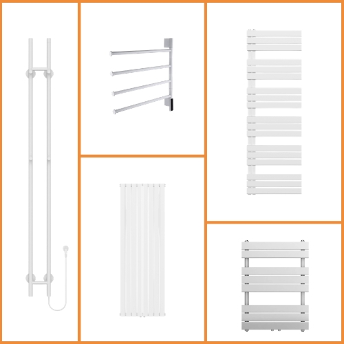 Witte handdoekradiator in drie stijlen en afwerkingen: klassieke ladder mat wit RAL 9016, lamellen-uitvoering wit en glans wit design handdoekradiator voor moderne badkamer