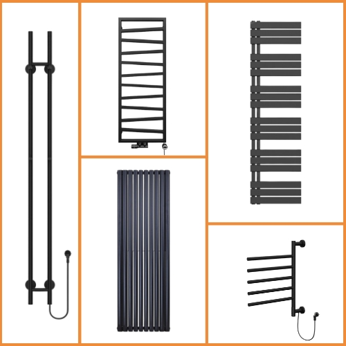 Zwarte handdoekradiator in drie stijlen: klassieke ladder mat zwart, lamellen-uitvoering mat zwart en design handdoekradiator zwart voor moderne badkamer
