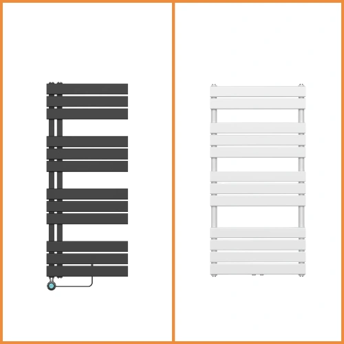 Lamellen handdoekradiator in moderne minimalistische badkamer: strakke vlakke voorzijde van EcoRad Florence of Slide, witte tegels, modern designkraan, strak lijnenspel