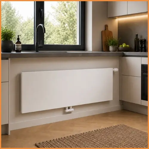 Moderne keuken met vlakke paneelradiator in wit RAL 9016 - past bij houten keukenfronten en witte tegels voor tijdloze uitstraling met eenvoudig onderhoud