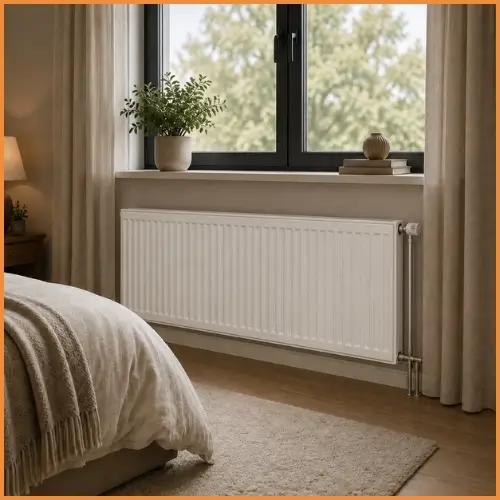 Type 22 paneelradiator onder venster in slaapkamer - klassieke positie voor 10 tot 14 vierkante meter slaapkamer met stille uitvoering en aardse cappuccino kleur