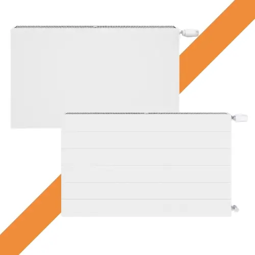 Vergelijking vlakke paneelradiator (Flat) versus gestreepte paneelradiator (Linea) — verschil in voorplaat-afwerking tussen volledig glad en fijne horizontale strepen