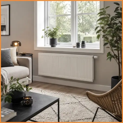 Vlakke Type 22 paneelradiator onder raam in woonkamer - klassieke positie voor 15 tot 20 vierkante meter woonkamer met 500 bij 1000 cm maat en 1929 watt vermogen