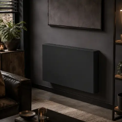 Mat zwart paneelradiator in modern industrieel interieur - past bij donkere houttonen, beton, staal en zwarte kozijnen voor donker-modernistische woonkamers en lofts