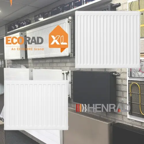 RadiatorKopen showroom Roosendaal 1000 m² met EcoRad en Henrad paneelradiatoren fysiek opgesteld — vergelijkingsmogelijkheid huismerk vs premium-merk en 400.000 paneelradiatoren verkocht sinds 2013