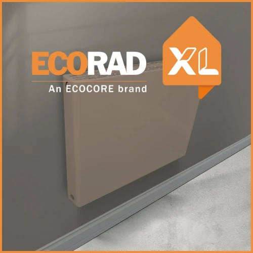 Complete radiator ombouw cappuccino warm eikenhoutlook en mat zwart RAL 9005 in moderne interieur: geïntegreerd alternatief voor zichtbare paneelradiator met geheel-bedekkende ombouw