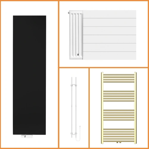 EcoRad outlet radiatoren: chroom handdoekradiator met Universal-6 aansluiting, mat goud handdoekradiator, paneelradiator Type 22 en elektrische E-Basic Round badkamerradiator met outlet kortingen