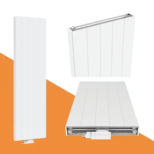 Detail van gegroefde voorzijde gestreepte verticale radiator - verticale groeven in zijdeglans wit RAL 9016 die textuur en luxe uitstraling geven
